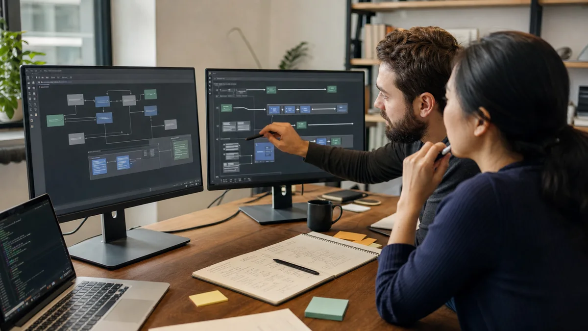 Software engineers reviewing an API gateway migration architecture on office monitors